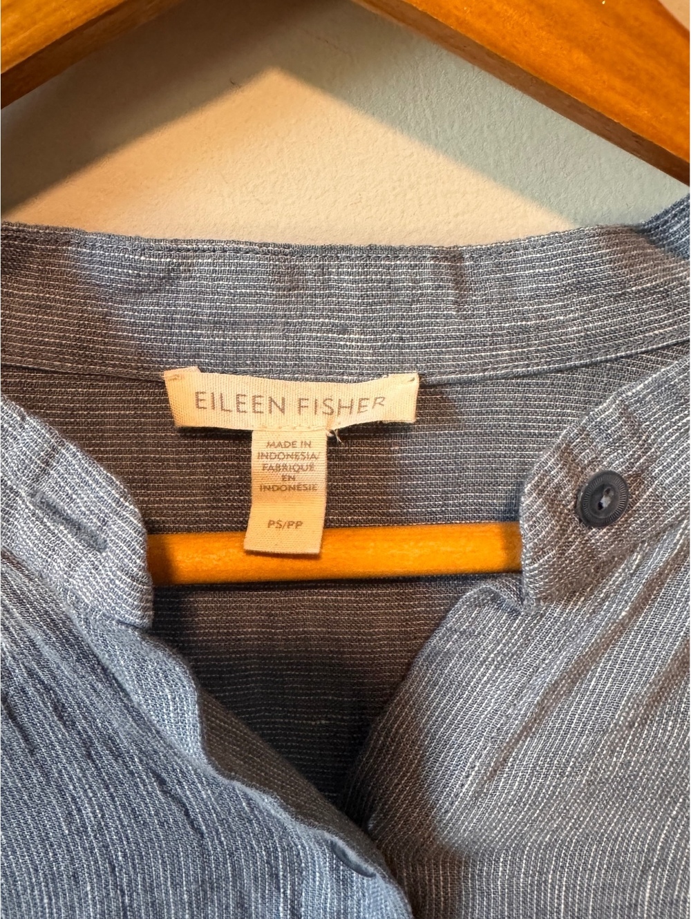 Eileen Fisher | Linen Blend Band Collar Shirt Blue Pinstripe Sz PS Quiet Luxury - Picture 3 of 5